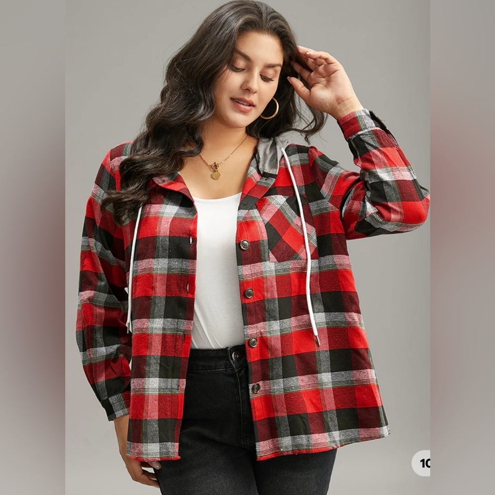 Bloomchic Plaid Patchwork Hooded Drawstring Butto… - image 1